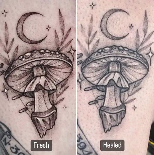 Fresh vs Healed Comparison of Moon Over the Mushroom Tattoo