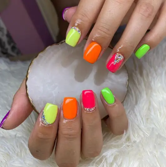 Funky Neon Green, Lime Green, Orange and Pink Nails With Rhinestone Detailing