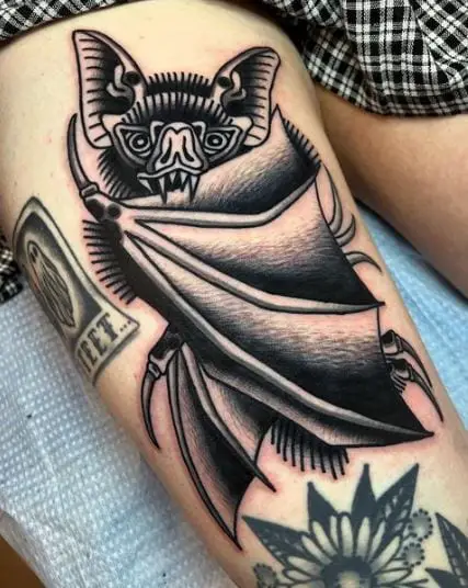 Black Vampire Bat Thigh Tattoo