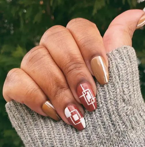 Geometric Patterned Brown Nails