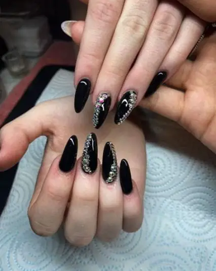 Glossy Black Nails with Rhinestones
