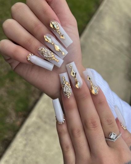 White Long Square Nails with Gold Accessories