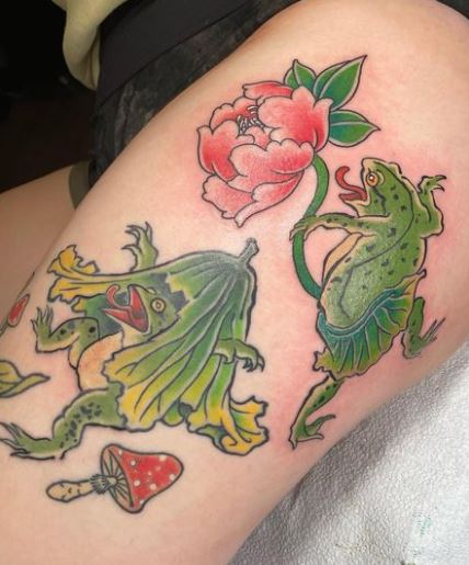 Green Frogs With Flowers and Mushroom Leg Tattoo