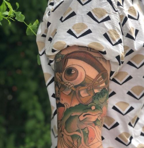 Green Japanese Frog Sleeve Tattoo