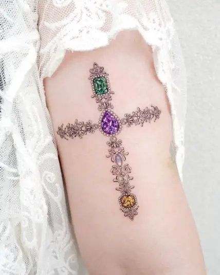 Green Purple and Yellow Gemstone Cross Tattoo