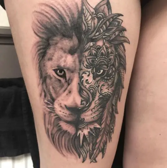 Half and Half Lion Leg Tattoo