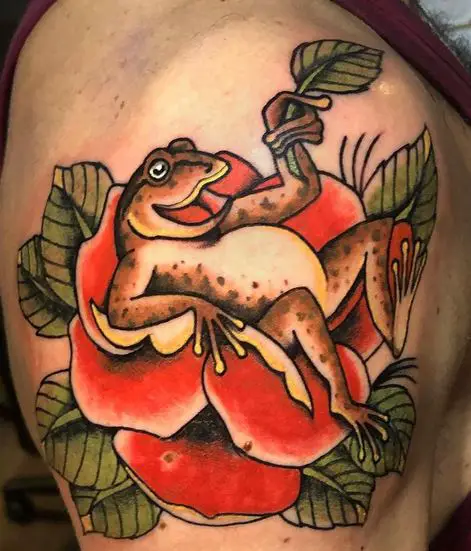 Happy Frog Resting on a Flower Tattoo