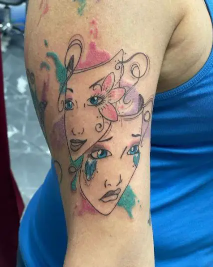 Happy and Sad Faces Watercolor Tattoo