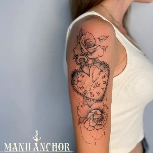 Heart Shaped Watch Tattoo with Hanging Flowers
