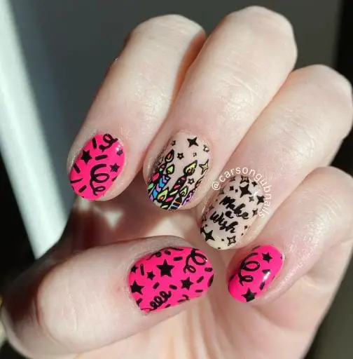 Hot Pink and Black Birthday Nails
