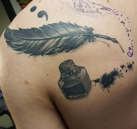 Ink Bottle and Quill Shoulder Tattoo