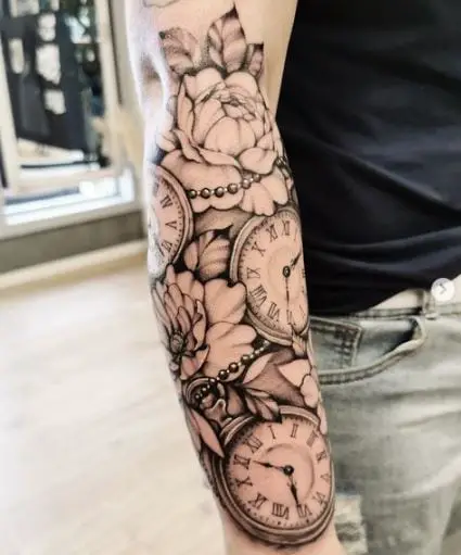 Interconnected Flowers and Clock Tattoo Piece