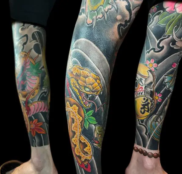 Full Leg Sleeve Japanese Snake Tattoo