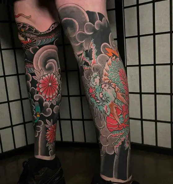 Foot to Thigh Japanese Snake Tattoo