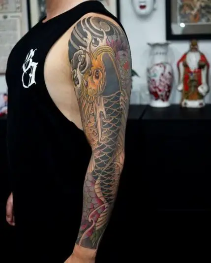 Koi dragon and chrysanthemum sleeve tattoo