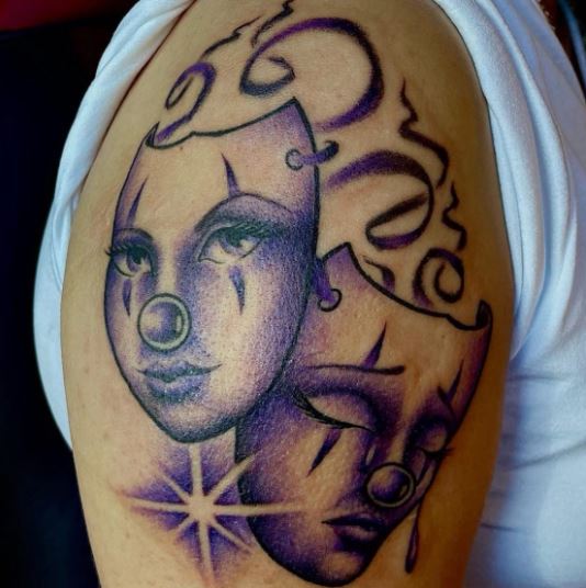 Laugh and Cry Purple Mask Tattoo