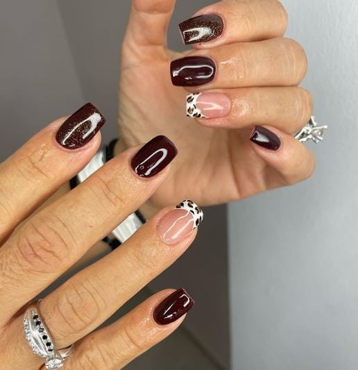Leopard French Tip Glossy Accent Brown Nails