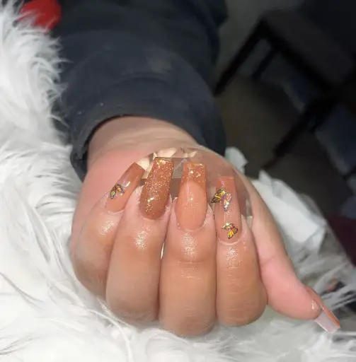 Light Brown Nails With Butterflies