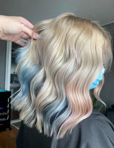 Light blonde with pastel pink and blue tips