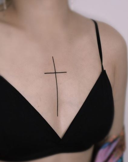 Long Cross Tattoo For Chest