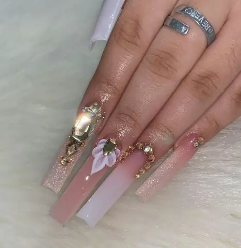 Long Pink Nails With Champagne Crystals