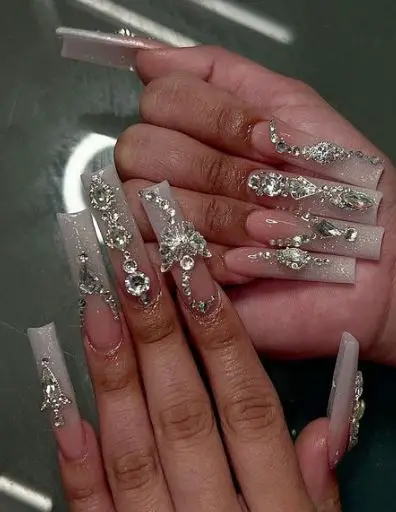 Long Nude Nails With Rhinestones
