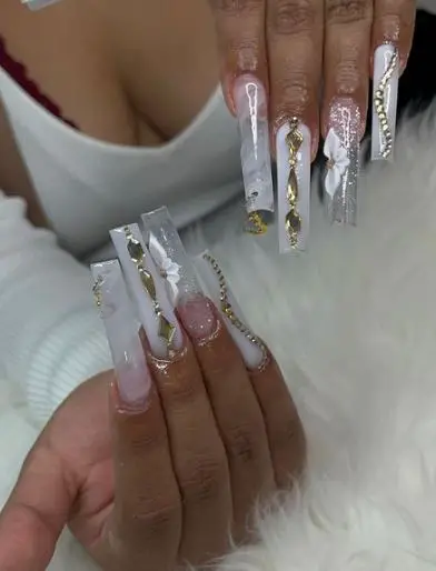 Long White Nails With Rhinestones