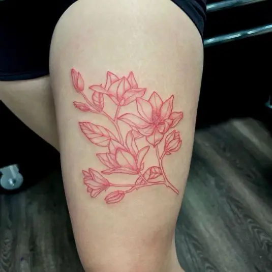Red Magnolias Thigh Tattoo
