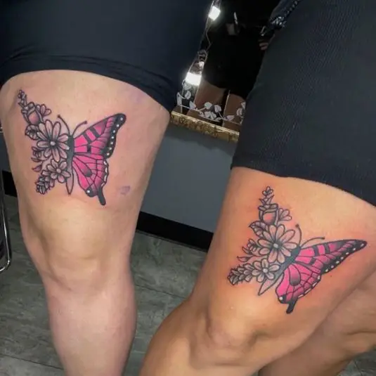 Matching Pink Butterfly Tattoo on Thighs
