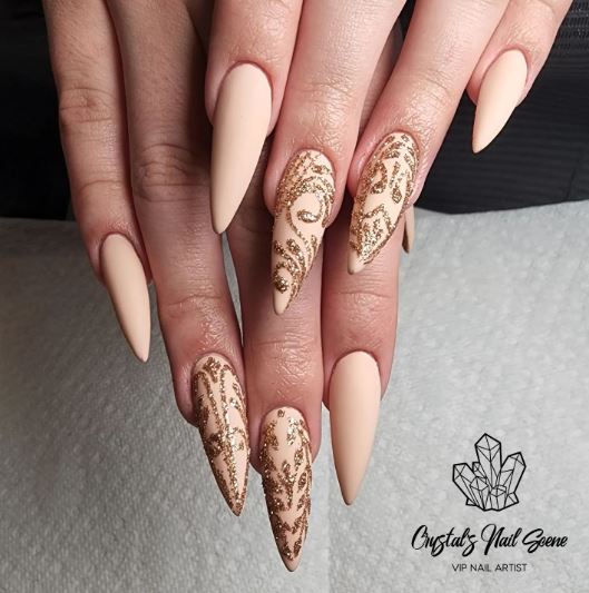 Matte Beige Nails With Gold Glitz