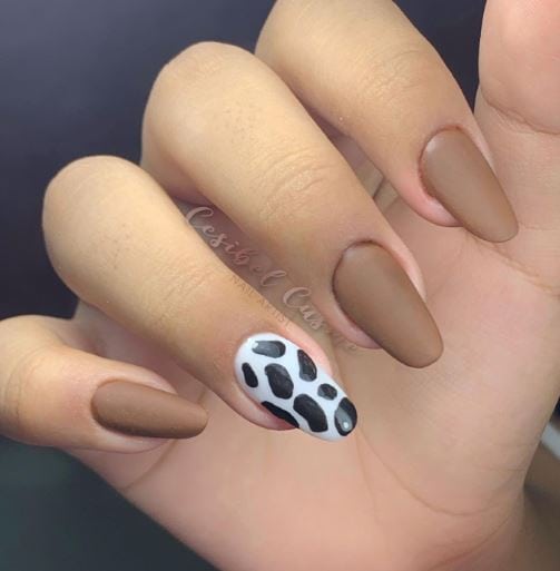 Matte Brown Nails with Cow Print