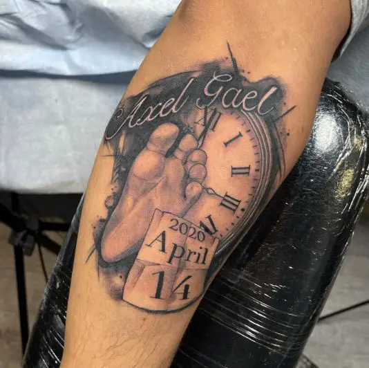 Name and Clock with Calendar Date Tattoo