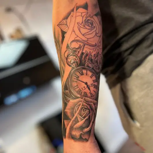 Name and Date Print On The Clock Floral Tattoo