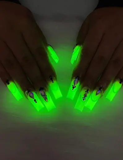 Neon Glowing Green Nails with Purple Stones