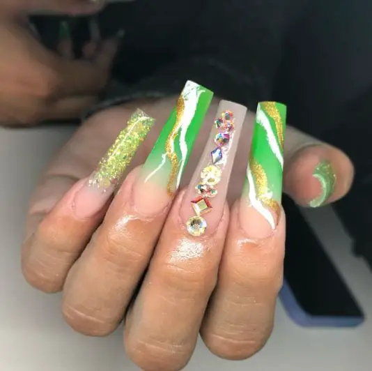 Neon Green Glamorous Jeweled Nails
