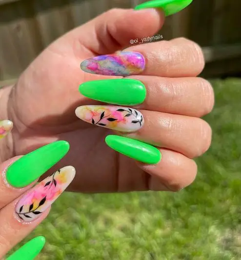 Neon Green Nails With Floral and Marble Designs