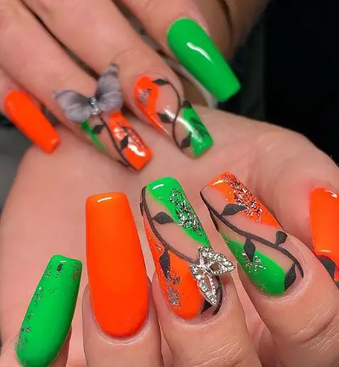 Neon Green and Orange Butterfly Nails