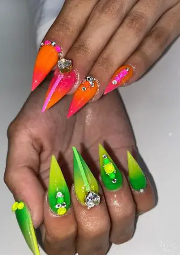 Neon Green and Orange Pink Decorative Nails