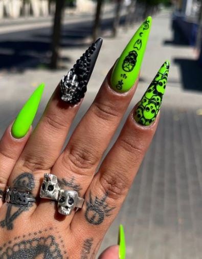 Neon Green with Black Spooky Prints Stiletto Nails