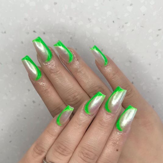 Neon Green with Silver Shimmer Nails