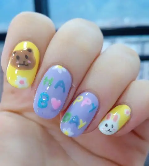 Neon Yellow and Blue Nails With Bear and Rabbit Print