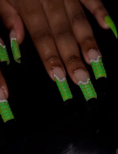 Neon and Glitter Crocodile Tips Glow In The Dark Nails