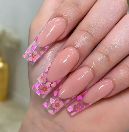Nude Nails With Pink Flowers