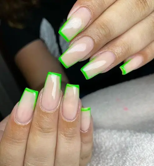 Nude Nails with A Neon Green Line