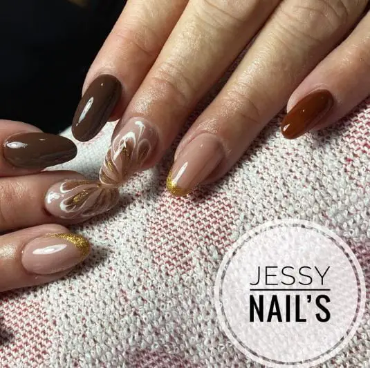 Nude and Brown Nails With Gold Glitter