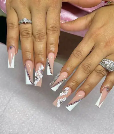 Nude and White Nails With Flowers and Stones