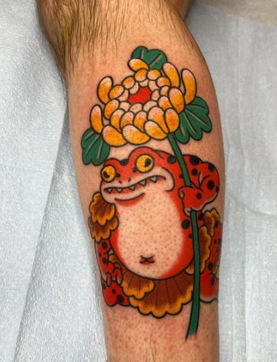 Orange Frog with Flower Japanese Tattoo