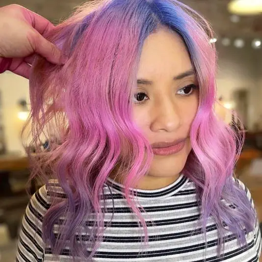 Pink Hair with Blue Roots and Purple Tips