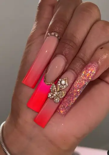 Pink, Red, and Nude Ombre Nails With Stones and Glitter