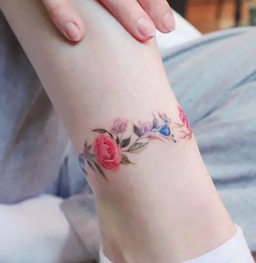 Pink Roses and Vines Anklet Tattoo
